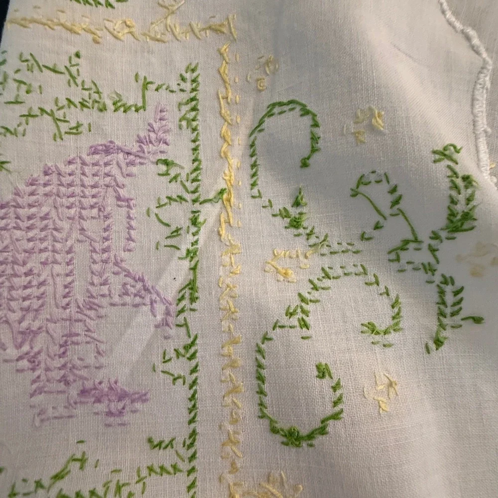 Vintage Hand Embroidered‎ Table Runner Set Floral Cross Stitch White Linen 2pc